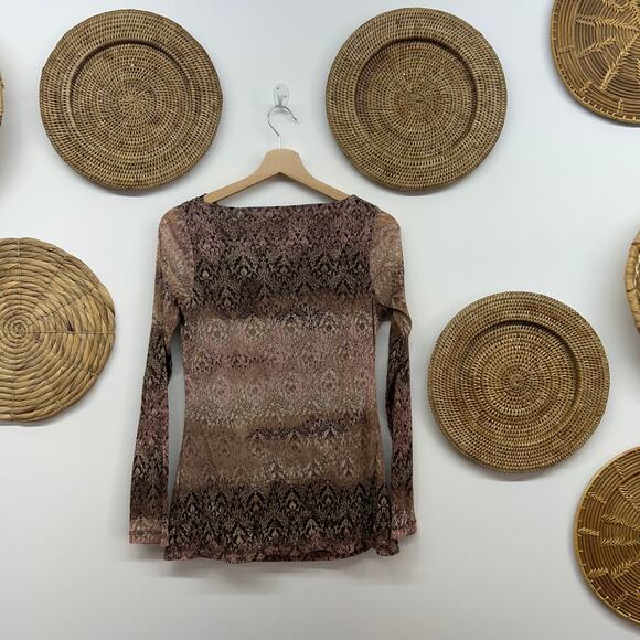 Vintage Y2K 2000s Axcess Brown Pink Draped Neck Long Sleeve Top Boho Small - Picture 3 of 6